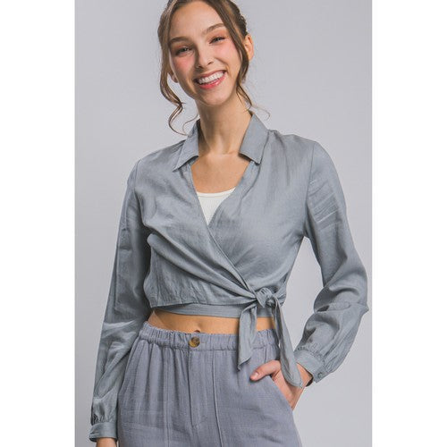 10239TH Linen Crop Wrap Shirt in Grey