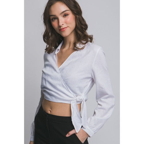 Linen Blend Crop Wrap Shirt in White