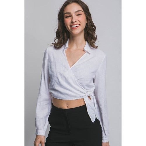 10239TH Linen Crop Wrap Shirt in White