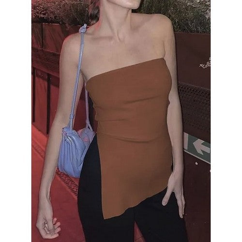 CHT575917-SALE Asymmetric Split Hem Tube Top in Coffee