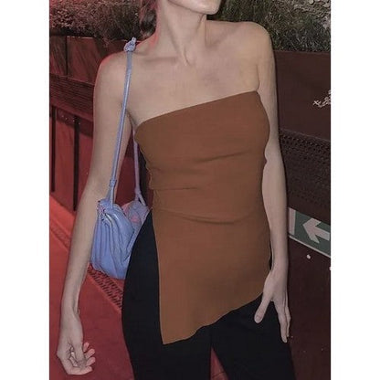 CHT575917-SALE Asymmetric Split Hem Tube Top in Coffee