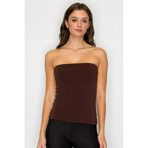 CST837 Double Layered Long Cotton Tube Top in Brown