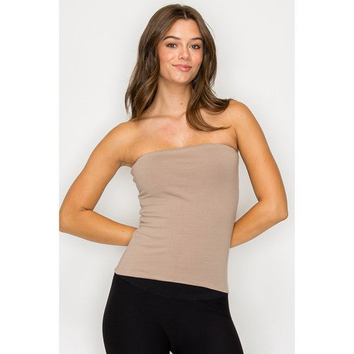 CST837 Double Layered Long Cotton Tube Top in Taupe