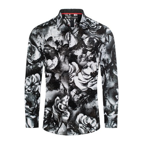 VIP Collection Slim Fit Flock Print Dress Shirt in Black/White Rose Print