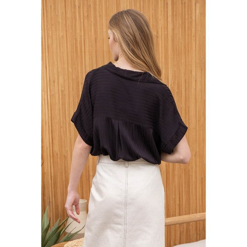 Oversized Split Neck StripeCollared Top in Black