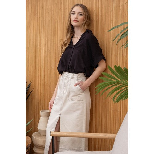Oversized Split Neck StripeCollared Top in Black