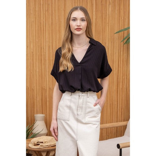 CR2256 Striped Collared Split Neck Blouse in Black