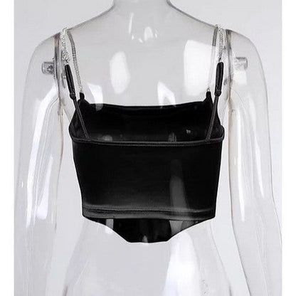 Rhinestone Strap Satin Corset in Black