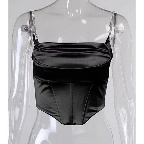 Rhinestone Strap Satin Corset in Black