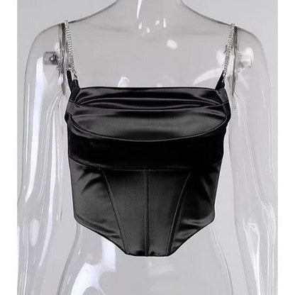 Rhinestone Strap Satin Corset in Black