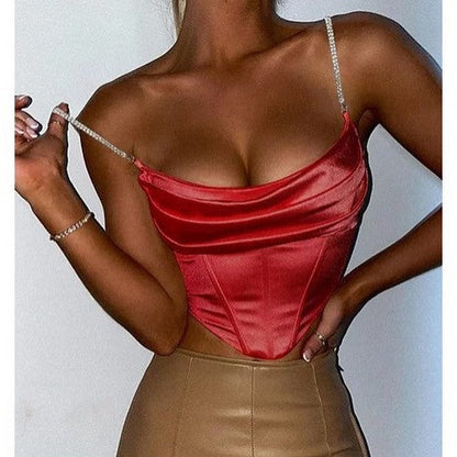 Rhinestone Strap Crop Satin Corset in Red