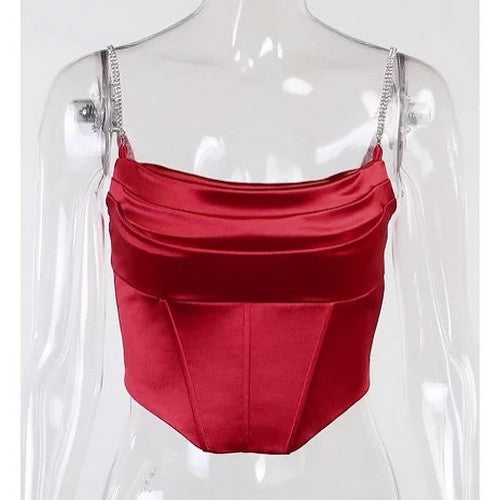 Rhinestone Strap Crop Satin Corset in Red