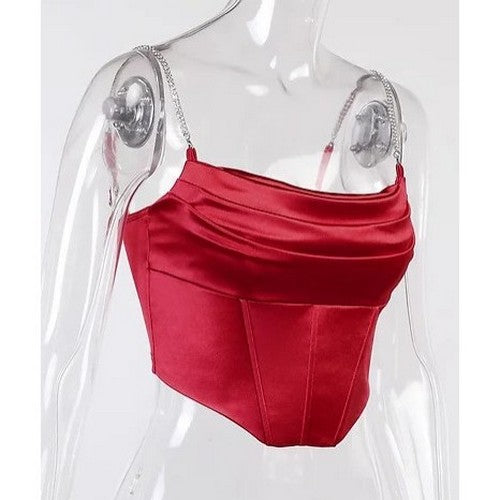 Rhinestone Strap Crop Satin Corset in Red