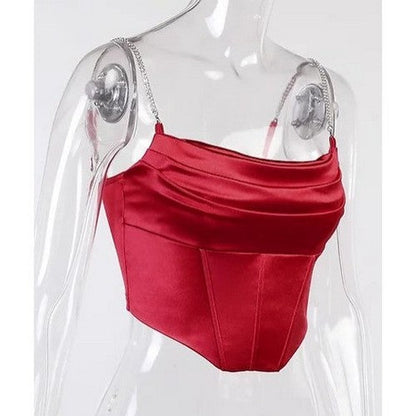 Rhinestone Strap Crop Satin Corset in Red