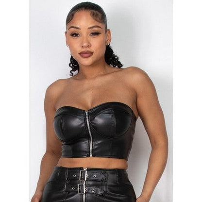 BSET03416T Zippered Faux Leather Tube Top in Black