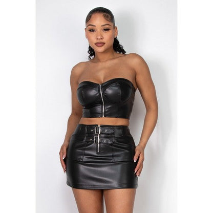 Faux Leather Tube Bustier Corset Crop Top in Black