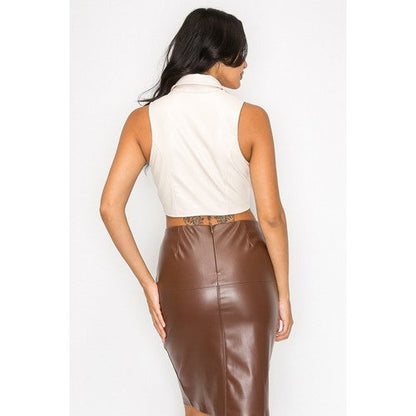 Collared 2-way Zip Faux Leather Top in Nude