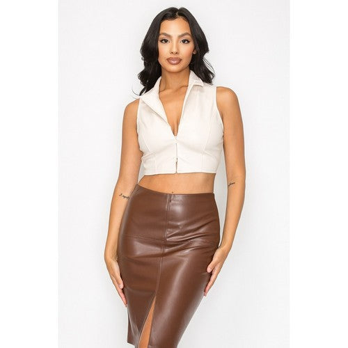 Collared 2-way Zip Faux Leather Top in Nude