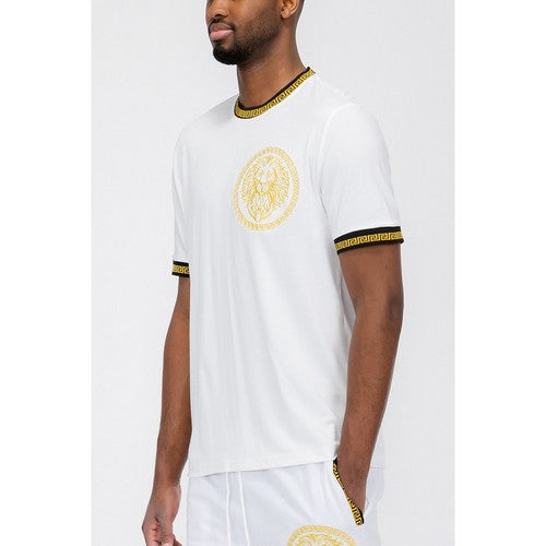 Version2 Gold Trim Lion Luxury Tee in White
