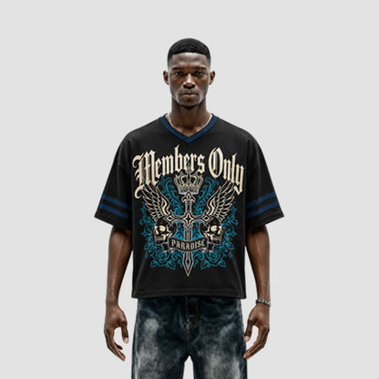 Members Only Oversize Mesh Cut-Off Graphic Tee in Black