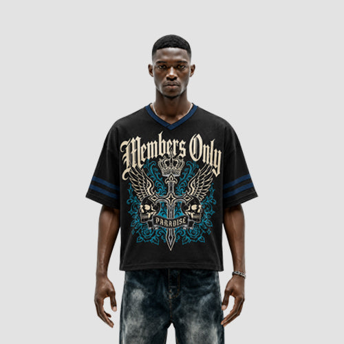 Members Only Oversize Mesh Cut-Off Graphic Tee in Black
