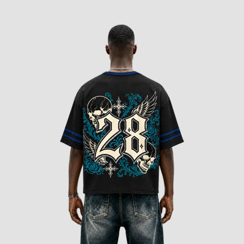 Members Only Oversize Mesh Cut-Off Graphic Tee in Black