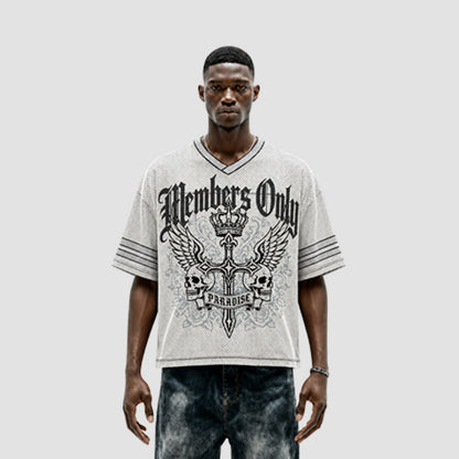 Members Only Oversize Mesh Cut-Off Graphic Tee in Off White