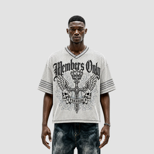 Members Only Oversize Mesh Cut-Off Graphic Tee in Off White