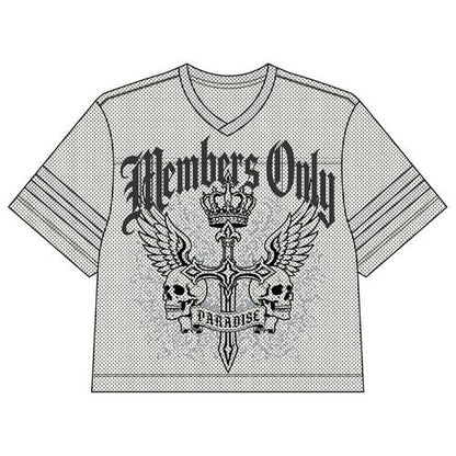 Members Only Oversize Cropped Mesh Graphic Tee in Off White