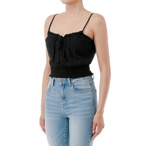 Crop Cami Peasant Top in Black
