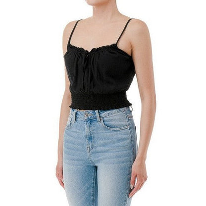 Crop Cami Peasant Top in Black