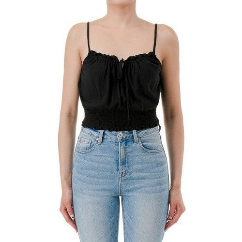 76989 Crop Cami Peasant Top in Black