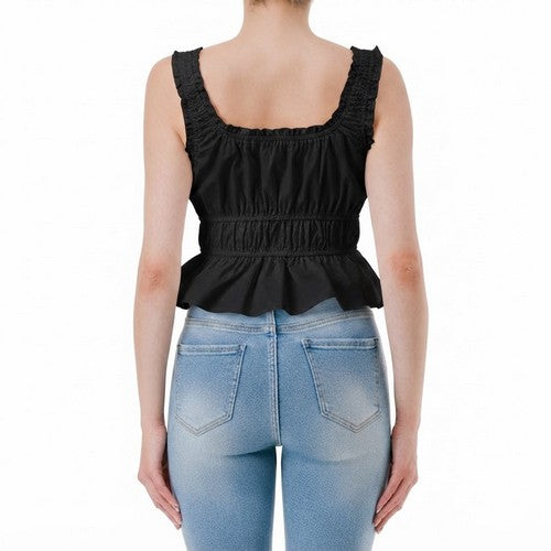 [VAT-FREE SHOPPING]Square Neck Peplum Top in Black