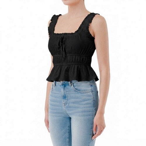 [VAT-FREE SHOPPING]Square Neck Peplum Top in Black
