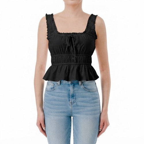 Square Neck Peplum Top in Black