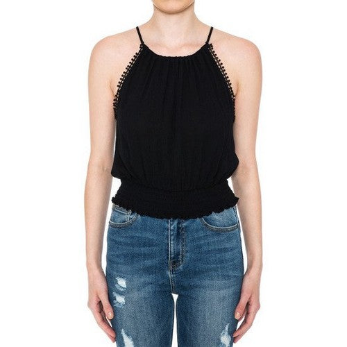 73531 Pom-Pom Lace Trim Halter Top in Black
