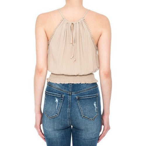 Pom-Pom Lace Trim Halter Top in Desert