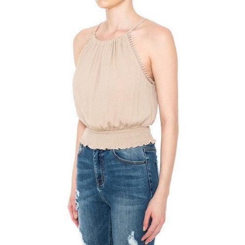 73531 Pom-Pom Lace Trim Halter Top in Desert