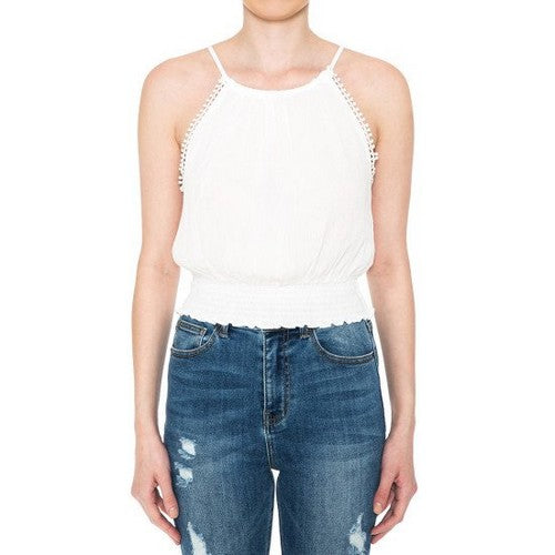 73531 Pom-Pom Lace Trim Halter Top in Off White