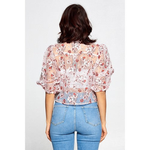 Floral Print Puff Sleeve See-Thru Shirt in Red/White