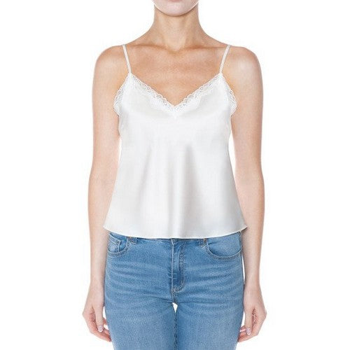 76431 Lace Trim Satin Cami Top in Off White
