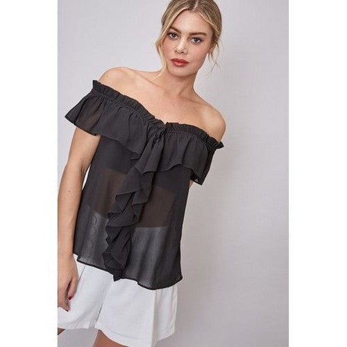 TOP-18412 Chiffon Ruffle Off Shoulder Top in Black
