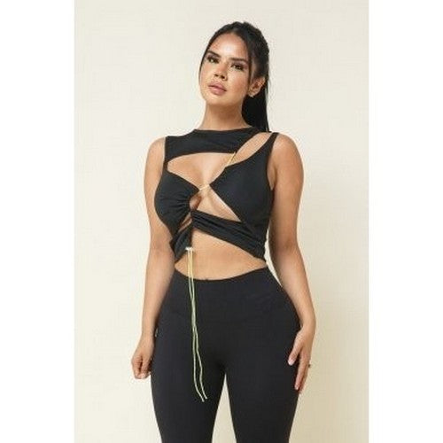 KT429 Slash Tie Front Crop Top in Black
