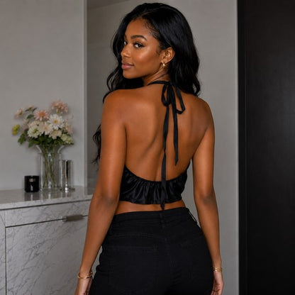 Sateen Handkerchief Crop Halter Top in Black