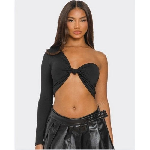 KT621 One Sleeve Knot-Front Crop Top in Black