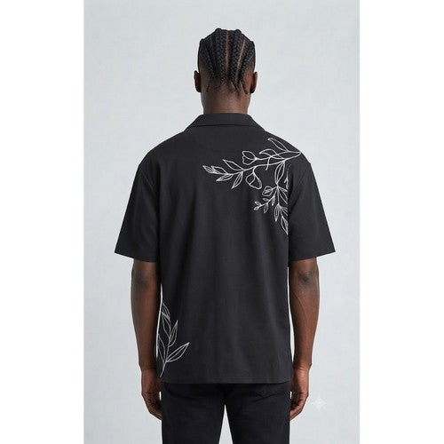 Next Tulip Knit Cuban Embroider Jersy Shirt in Black