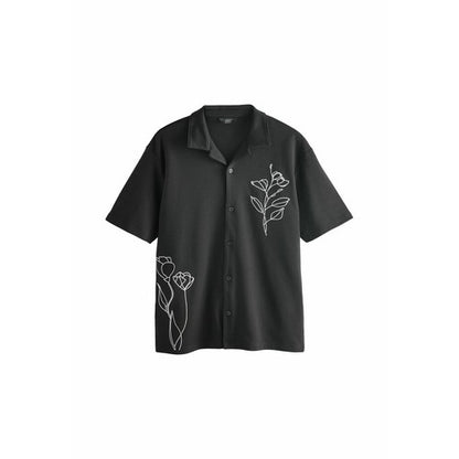 Next Tulip Knit Cuban Embroider Jersy Shirt in Black