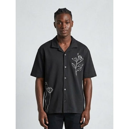 Next Tulip Knit Cuban Embroider Jersy Shirt in Black
