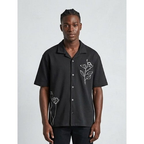 Next Tulip Knit Cuban Embroider Jersy Shirt in Black