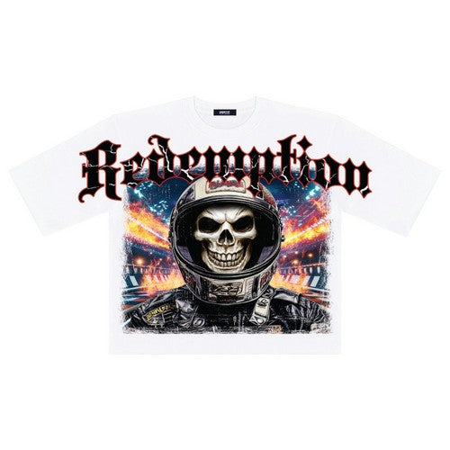 Redemption Skull Oversized Cut-Off Graphic Tee in White